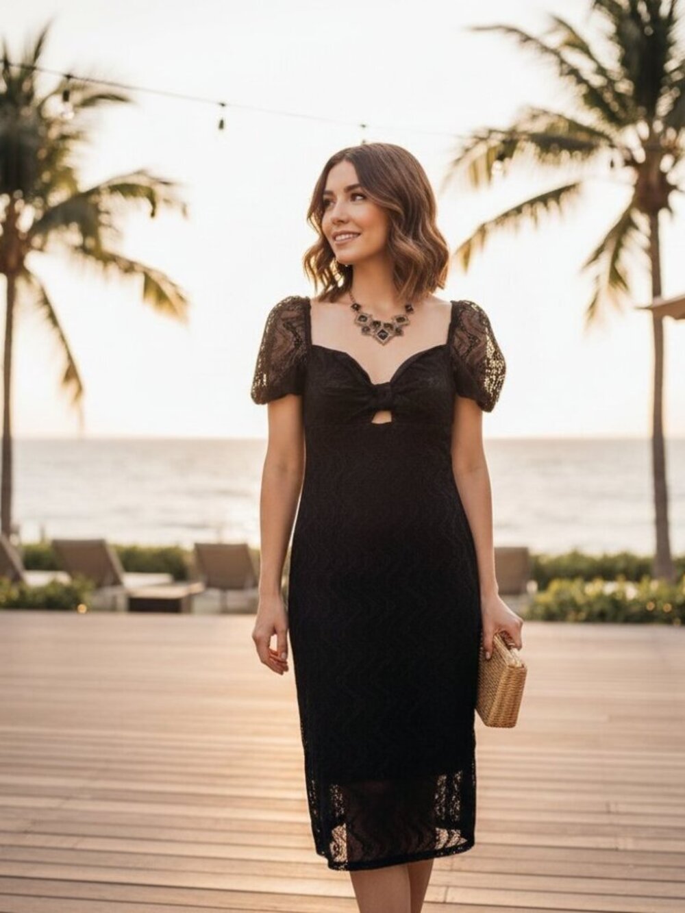 NWT BELLEVUE THE LABEL Raven Lace Midi Dress in Black